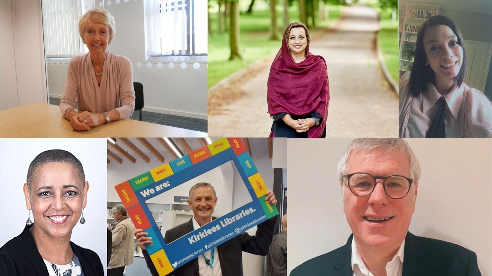 New Years Honours 2022 collage: Pam Essler, Kaneez Khan, Kim Shutler, Alison Lowe, Kirklees Libraries staff, Alan Davis